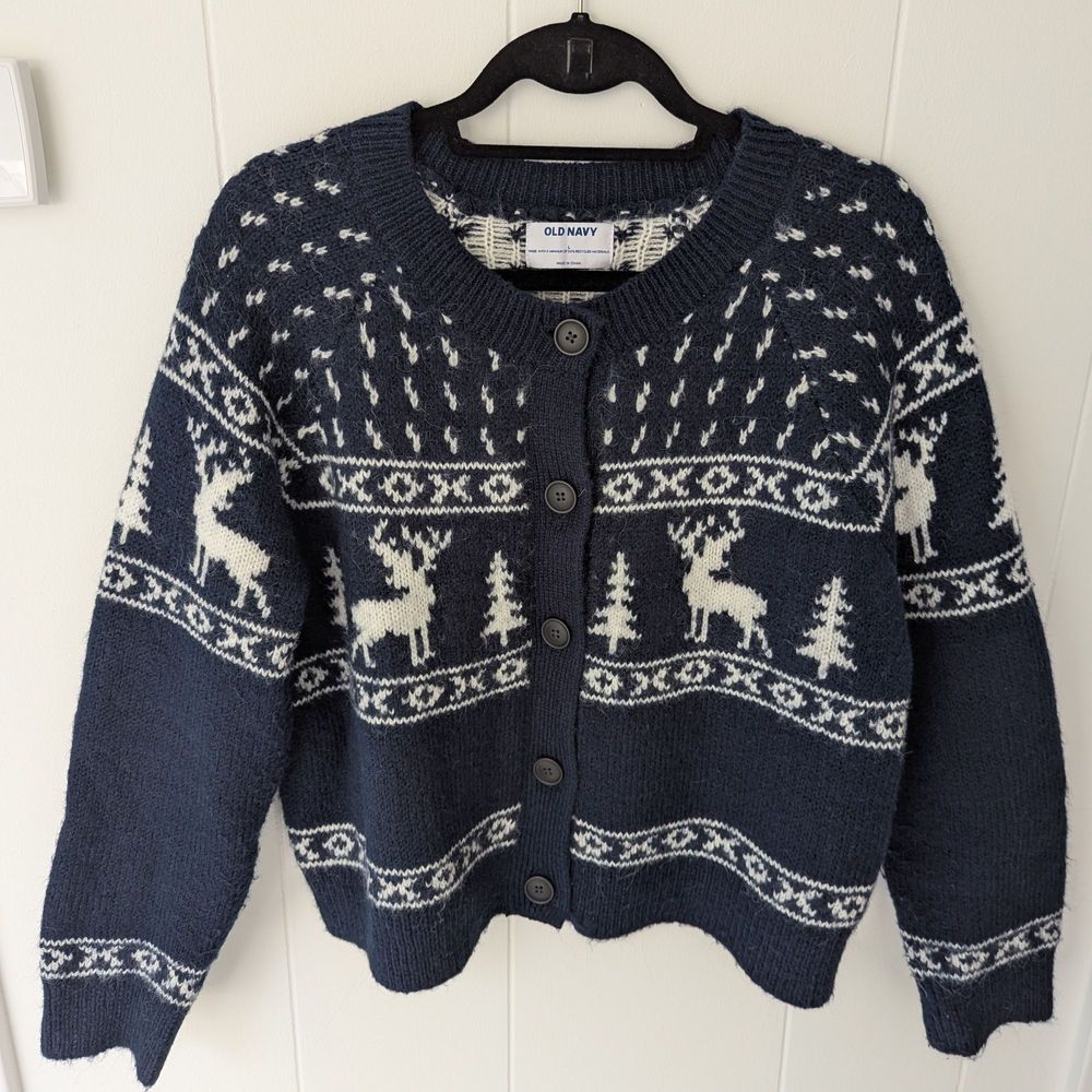 Navy Blue Cardigan with Reindeer Print